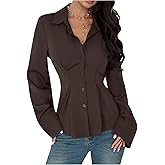 MAKEMECHIC Women's Pleated Button Down Shirt Long Sleeve Collar Flared Hem Business Tops