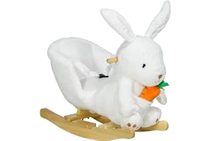 Qaba Baby Rocking Horse, Riding Horse, Bunny Rabbit Themed Rocker with Carrot Toy, Realistic Sound, & Pedals for Boy Girl Aged 18-36 Months, White