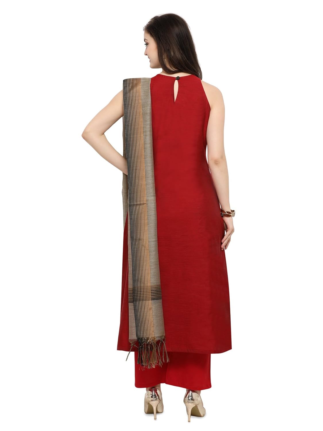inddus brown woven stylised salwar suit with dupatta (fully stitched)