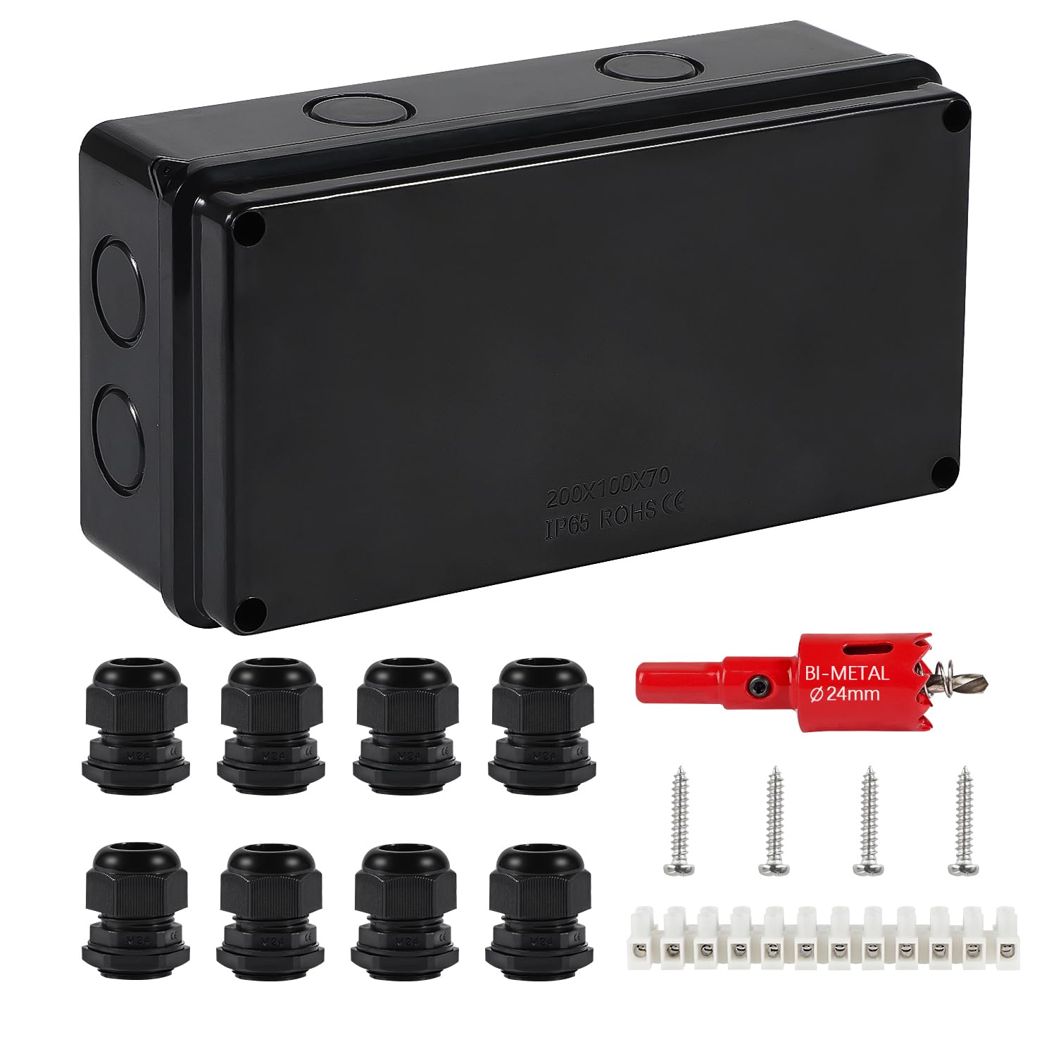 DAMORON Black Industrial Surface-Mount IP65 Waterproof ABS Junction Box, 200 x 100 x 70 mm, Includes 1 x Box, 8 x M24 Cable Glands, 1 x 12 Strip Terminal Blocks, 4 x Stainless Screws