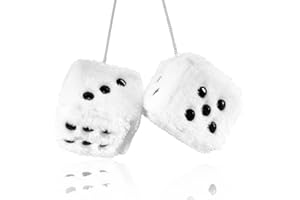 SENKIILA Pair 3” White with Black Dots Mirror Fuzzy Plush Dice, White and Black Soft Plush Car Decorative Hanging Ornament.