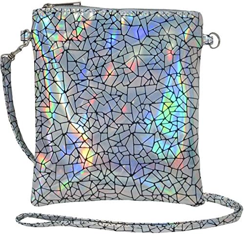 Geometric Holographic cross body purse bag metallic luminous PU leather chain for women (silver)