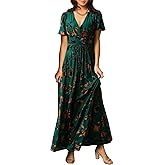 Simplee Women’s V Neck Velvet Maxi Dress Short Sleeve Empire Waist Long Formal Dress for Wedding Guest