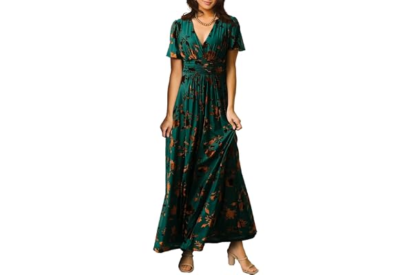 Simplee Women’s V Neck Velvet Maxi Dress Short Sleeve Empire Waist Long Formal Dress for Wedding Guest