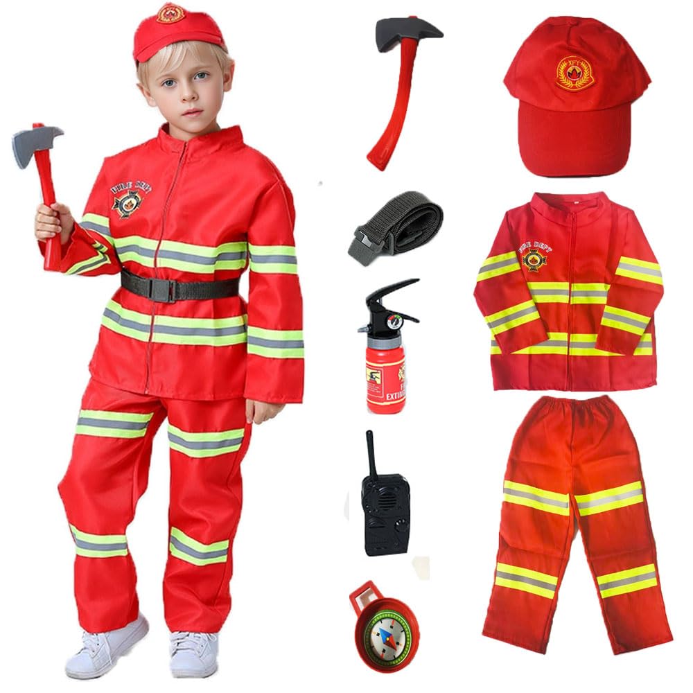 VNNOPG Kids Fireman Costume Firefighter pretend Role Play outfit with Accessories Fire Drill Education Halloween Christmas,140