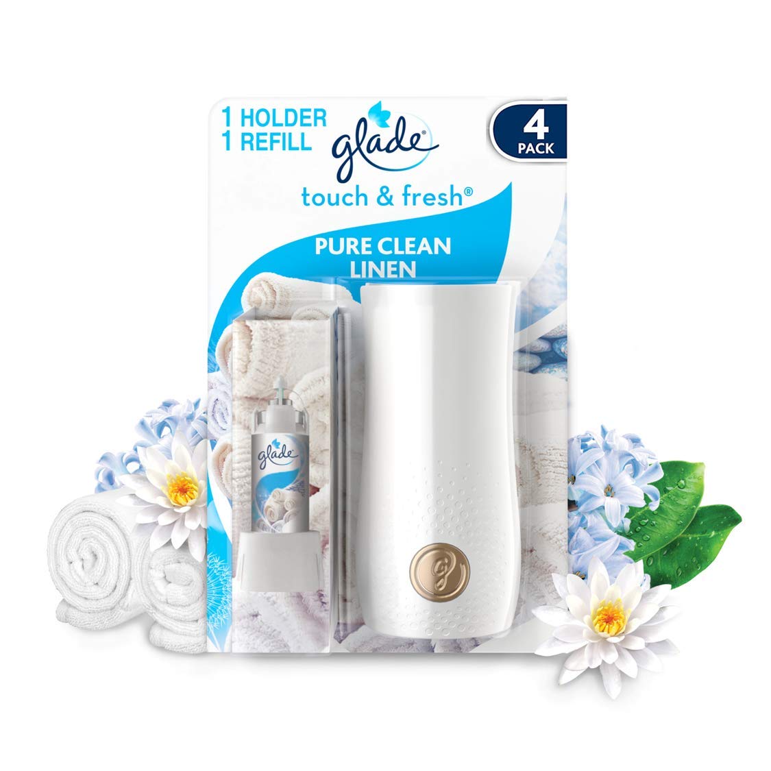 Glade Touch & Fresh Air Freshener Spray, Touch Activated Odour Eliminator for Bathroom & Home, Clean Linen, Pack of 4 Starter Kits, (4 x Holder and 4 x 10ml Refill)