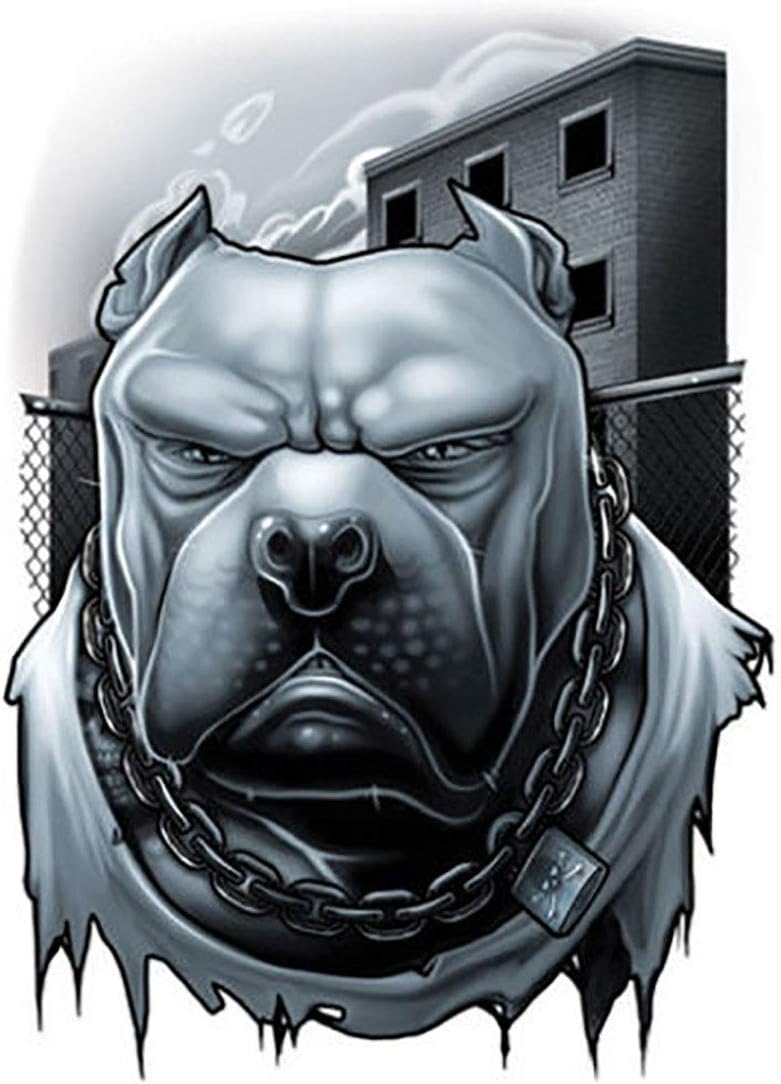| Black and White | Waterproof Realistic Temporary Tattoo - Angry Pitbull Dog in Chain Arms Hands Shoulders Tattoos Stickers - for Men Women Boys Girls | Made in USA