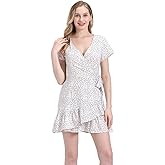 BI.TENCON Women's Summer Polka Dot Print Wrap Dresses Sexy V Neck Ruffle Short Sleeve Casual Short Dresses with Belt