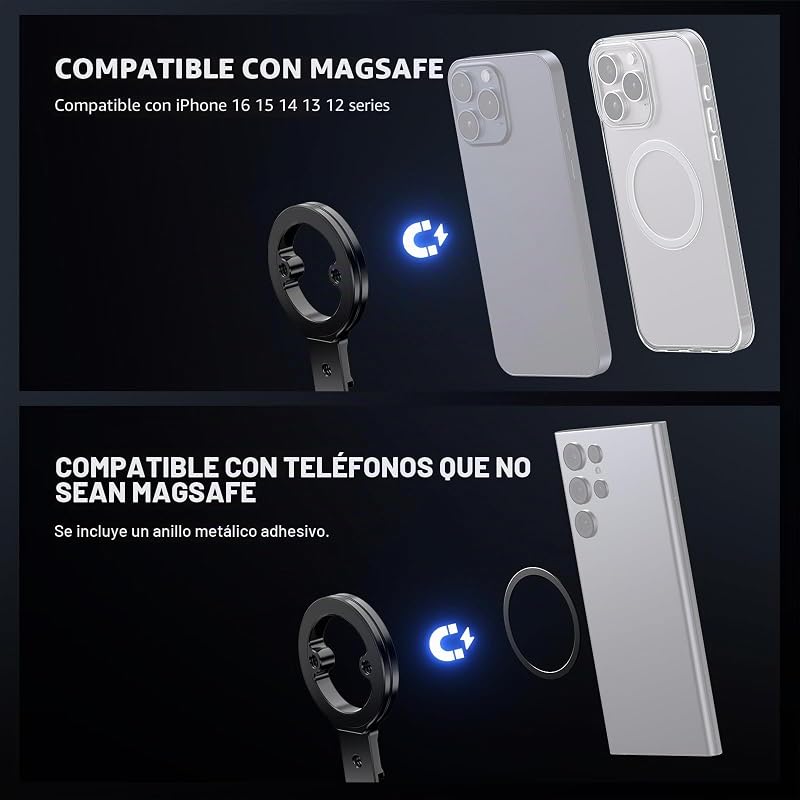 Trípode Magnético Doble para Teléfono, Agarre Metálico con Rosca de 1/4", Zapata Fría y Tipo Arca, Compatible con MagSafe iPhone Samsung Huawei Android para Grabación de Video, PA098