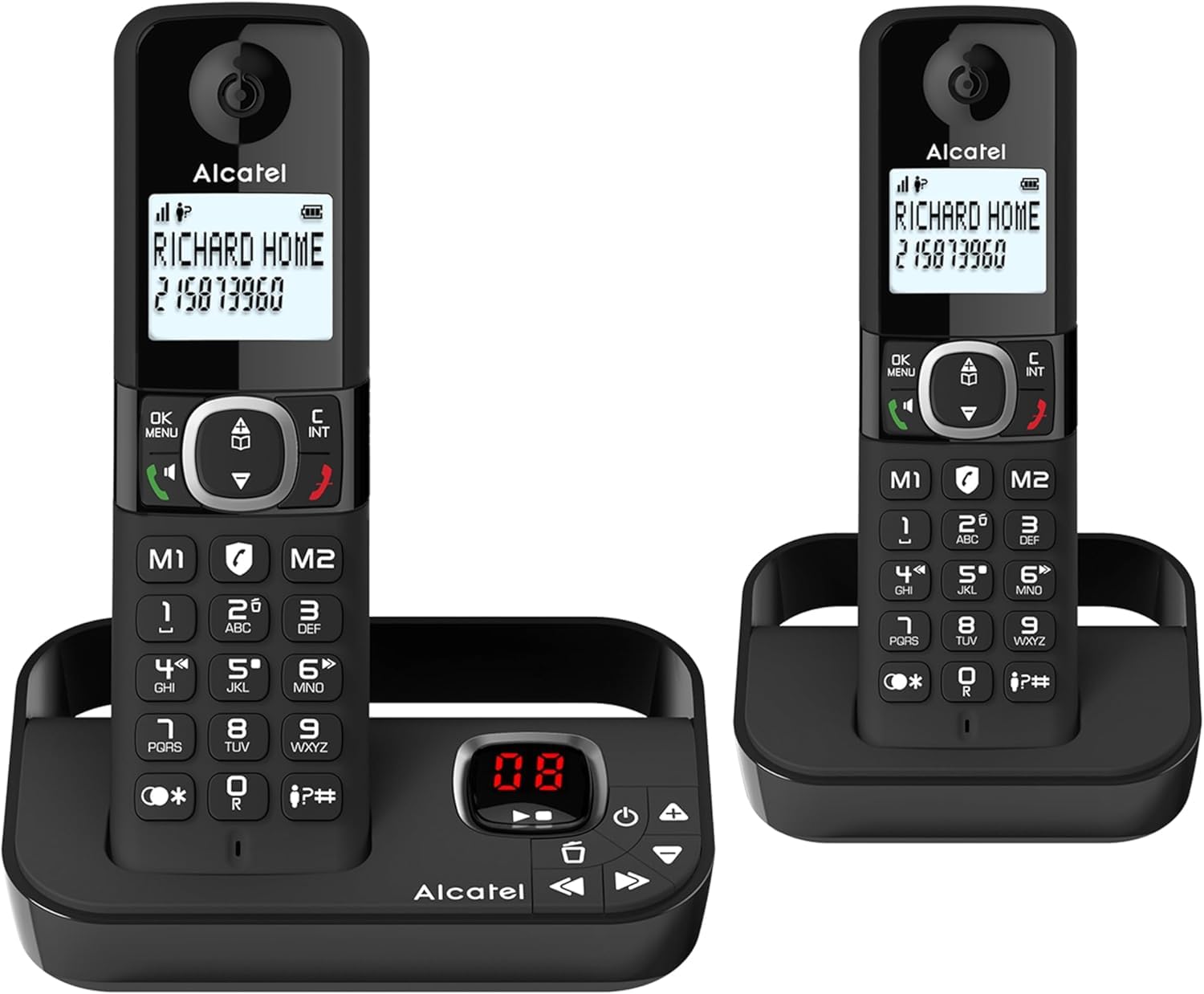 ALCATEL F860 Voice Duo - Cordless Phone DECT With Answering Machine - Large Backlit Display - Handsfree - Call Barring - 2 Direct Memory Keys - 2 Handsets - Black