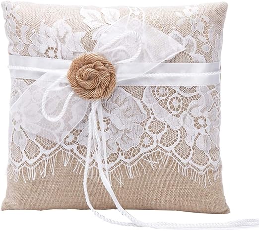 Amazon Com Amajoy Vintage Rustic Burlap Lace Wedding Ring Pillow