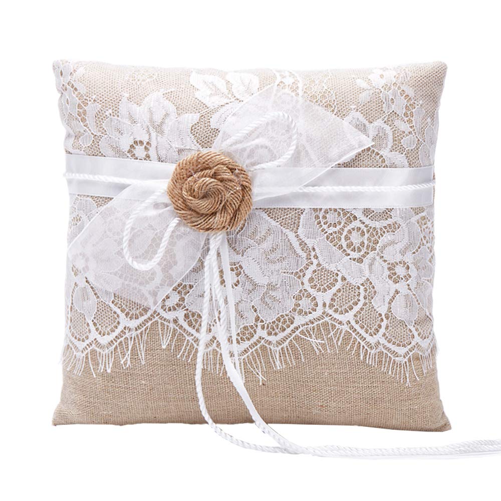 Amajoy Vintage Rustic Burlap Lace Wedding Ring Pillow ring cushion Hessian ring pillow 19cm x19cm