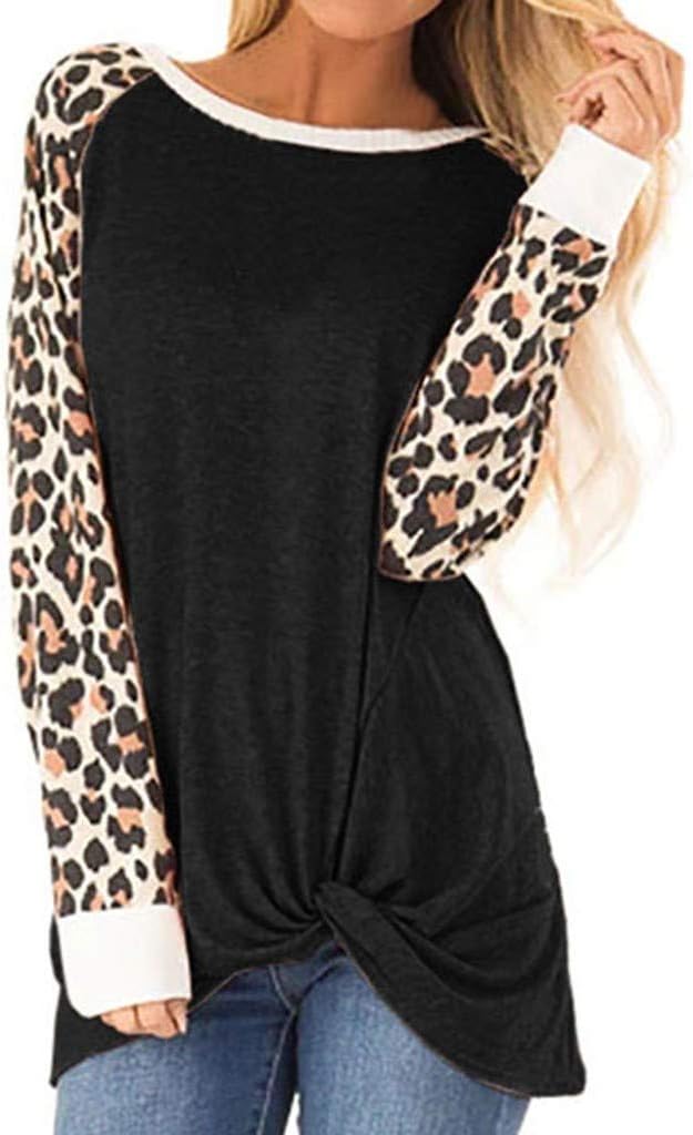 KANGMOON Womens Round Neck T Shirts Leopard Print Patchwork Tops Long Sleeve Twist Knot Tunics Top Blouse Loose Shirts