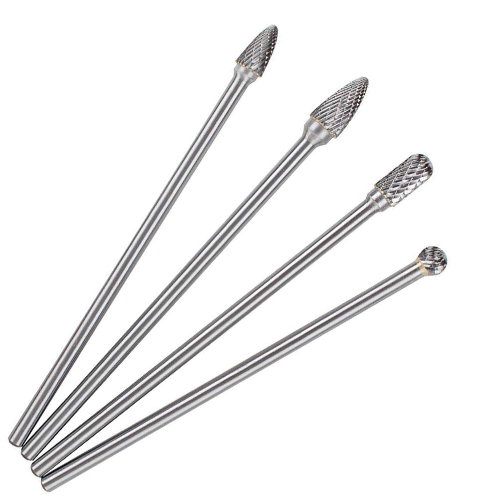 Mesee Set of 4 Tungsten Carbide Rotary Burrs, 6 Inch Long Double Cut Rotating Burr with 6mm Shank Files Rasp Bit Tools Kit for DIY Woodworking Metal Carving Polishing Engraving Drilling