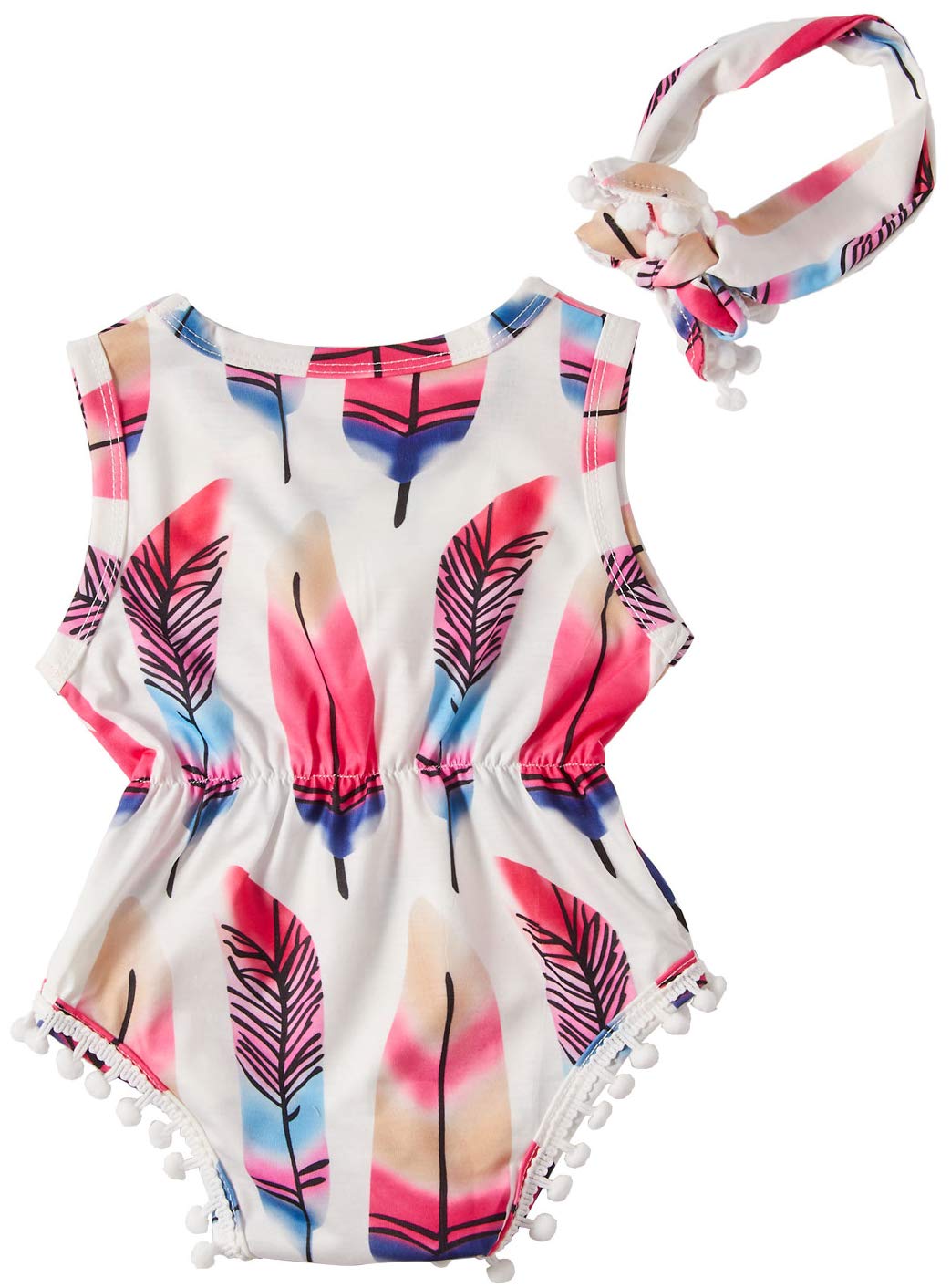 Infant Baby Rompers Cotton Feather Printed Jumpsuits Toddler Girls Onesie Sets Pompom Bodysuits Sleevelss Round Neck Clothes 2 Pcs Sets with Headband