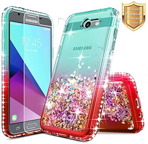 Galaxy J7 Sky Pro Case, J7 Prime /J7 V /J7 Perx/Halo /J7 2017 (J727) w/[Tempered Glass Screen Protector], NageBee Glitter Liquid Quicksand Sparkle Diamond Cute Case -Teal/Candy