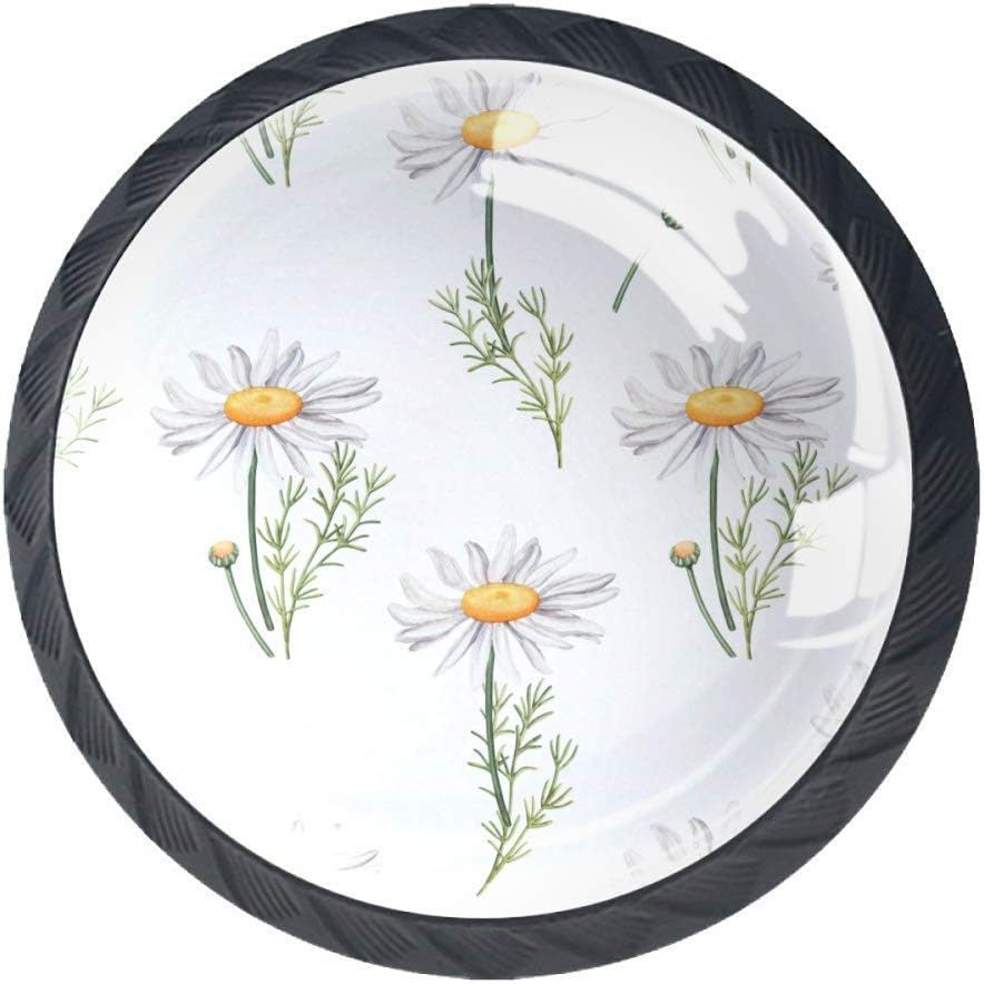 Camomile Flowers and Leaves Watercolour Raster Illustration 4 Pcs Cabinet Knobs 35mm Round Drawer Kitchen Cabinets Dresser Cupboard Wardrobe Pulls Handles