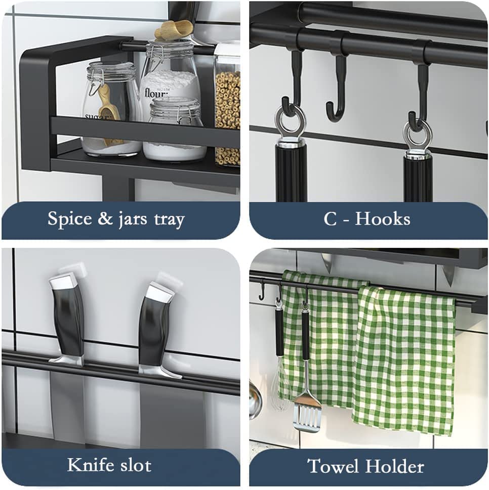 Spice Rack Organizer Wall Mounted 2 Tier, Floating Shelves Black, Wall Shelf for Bedroom, Wall Decor, Living Room, Kitchen Storage, Bathroom Shelves Over Toilet with Towel Rack Guardrail Holder Hook