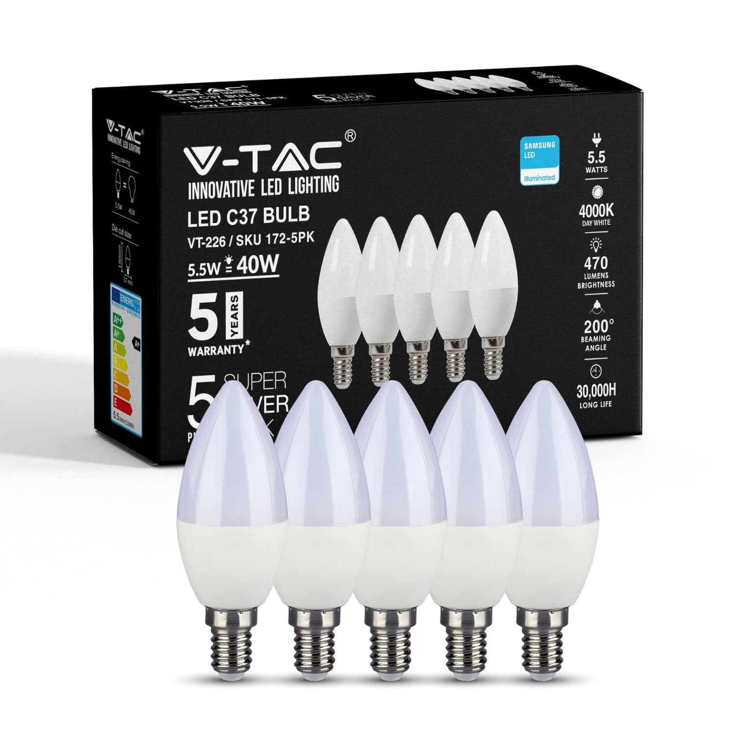 V-TAC E14 LED Candle Bulbs | 5.5W (Equivalent to 40W) Candle Light Bulbs | Edison Small Screw Light Bulb | Samsung Chip Non Dimmable E14 Candle Bulb | 4000K Day White | Pack of 5