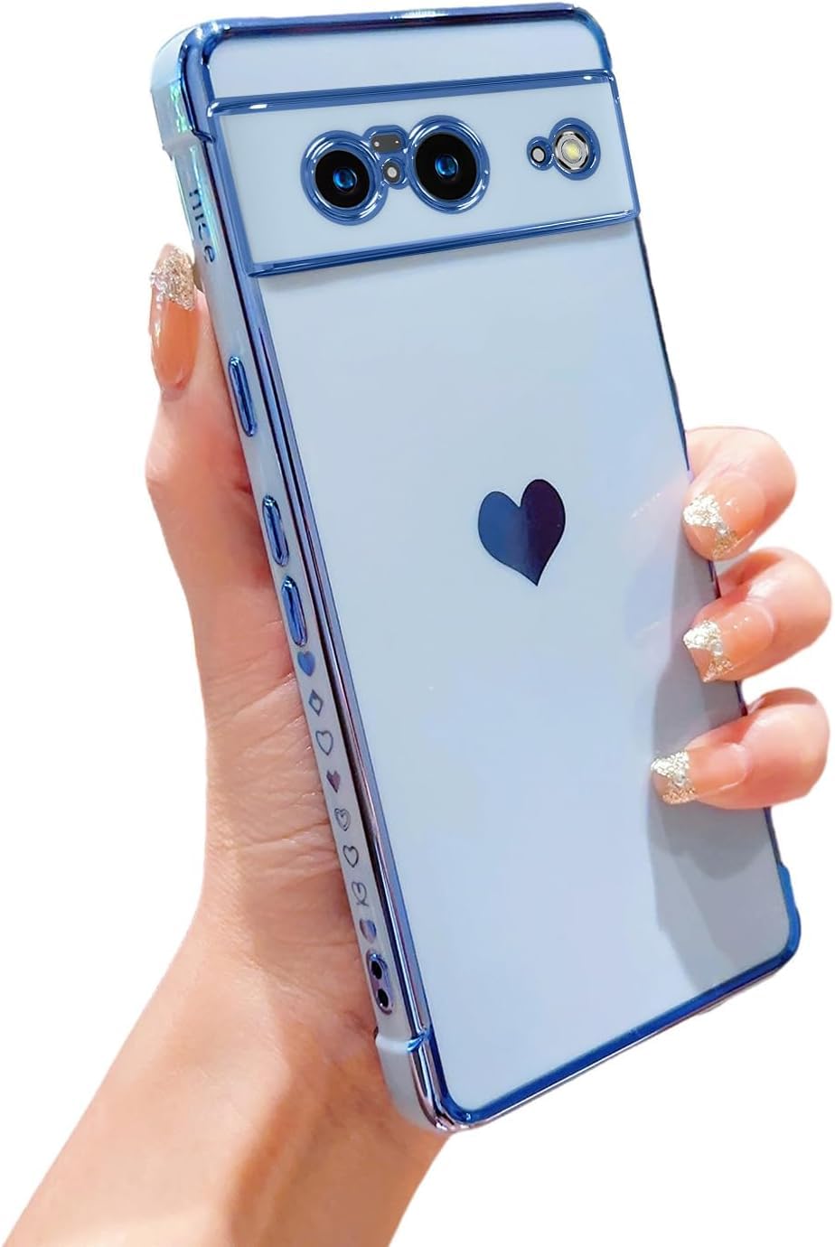 LSOUGUK Compatible with Google Pixel 8 Case,Love Heart Pattern Electroplated Design Soft TPU Shockproof Protective Phone Case Full Camera Lens Protection Cover for Google Pixel 8-Blue