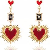 Queen of Hearts Earrings for Women Gothic Red Heart Poker Clock Drop Earrings Halloween Queen Party Costume Jewelry Accessories