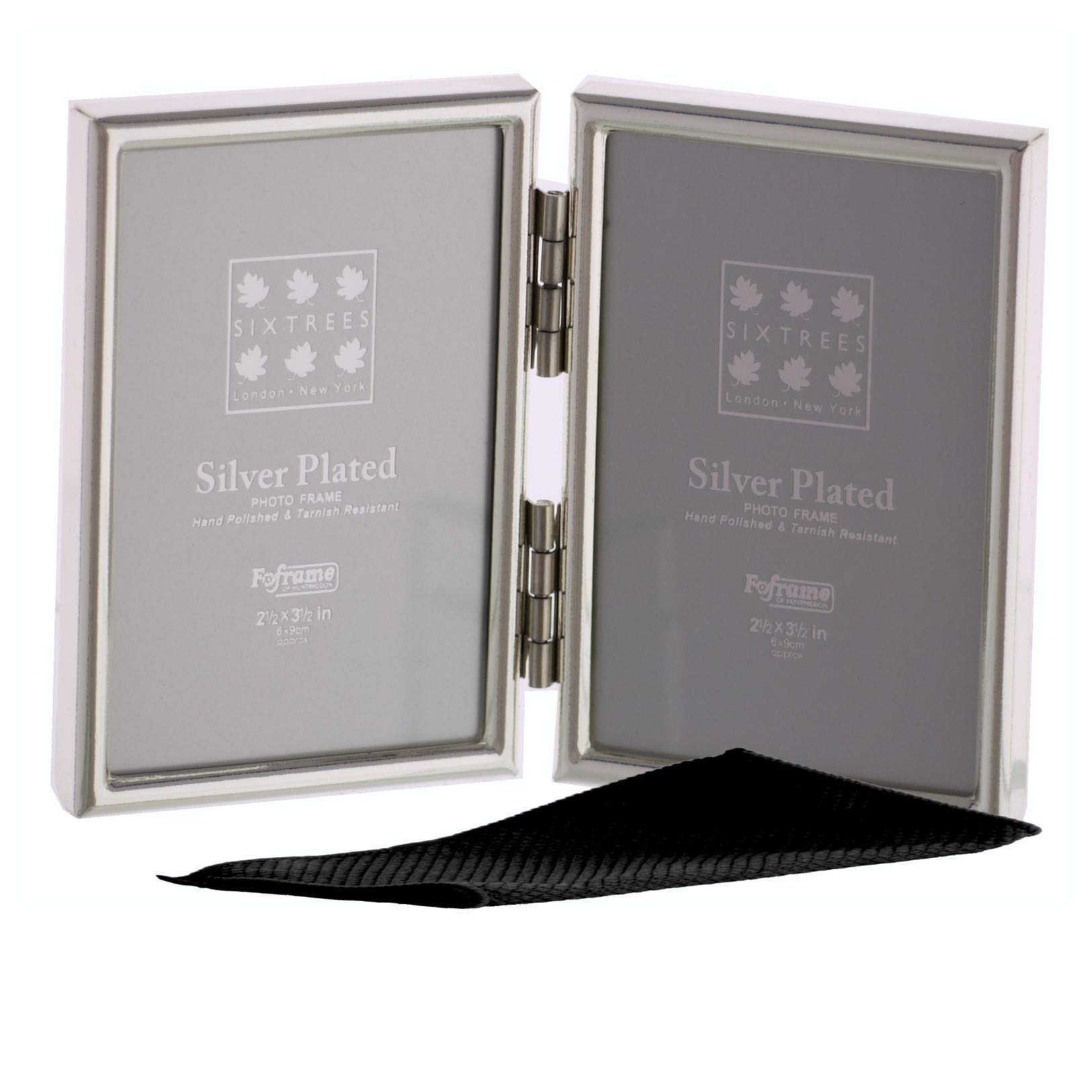 Sixtrees Cambridge 2-400-02 Silver Plated Folding Photo Frame for two 3.5" x 2.5" (77mm x 51mm) Pictures - Complete with microfibre polishing cloth.