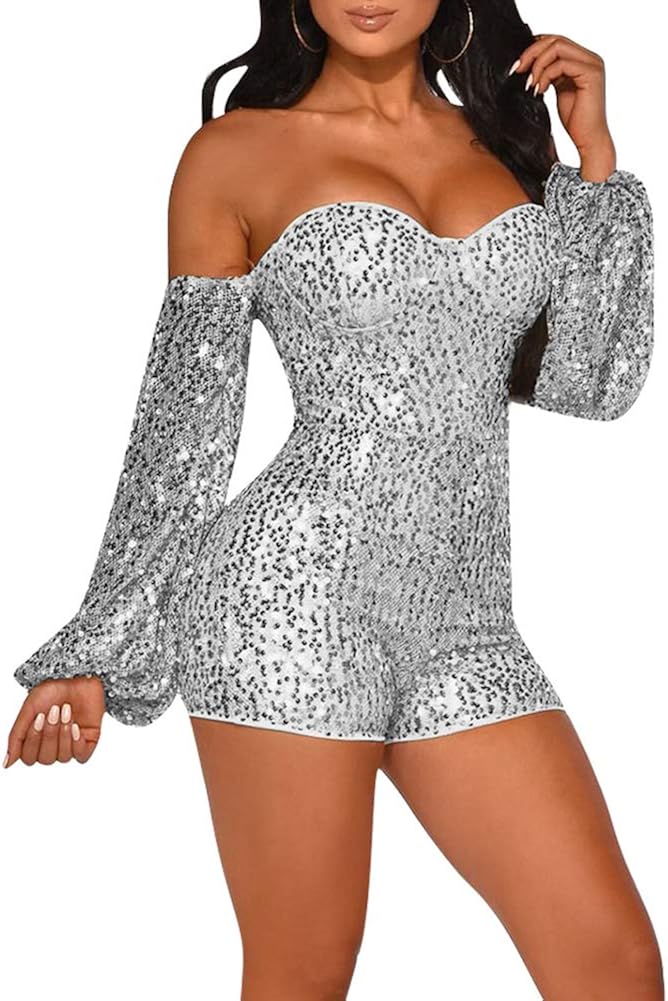 off shoulder sequin long sleeve romper