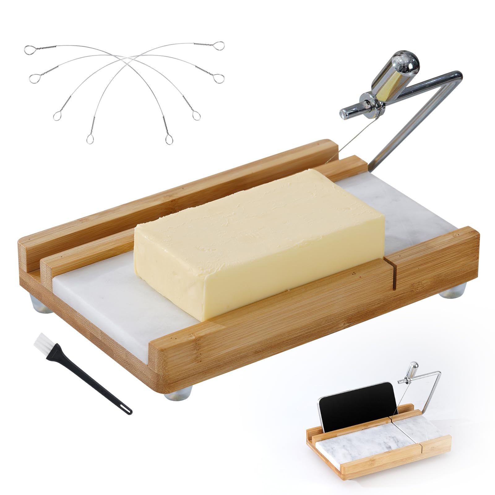 Photo 1 of xinglinsaiter Cheese Slicer Cheese Cutter with 4 Replacement Cutting Wire,Heavy Duty 8.26"x 5.43",Marble Board Cheese Slicer for Block Cheeses, Butter, Sausage,Cakes and More(White Grey)