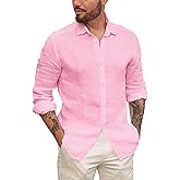 Mens Button Up Shirts Linen Beach Long Sleeve Casual Cotton Summer Lightweight Tops