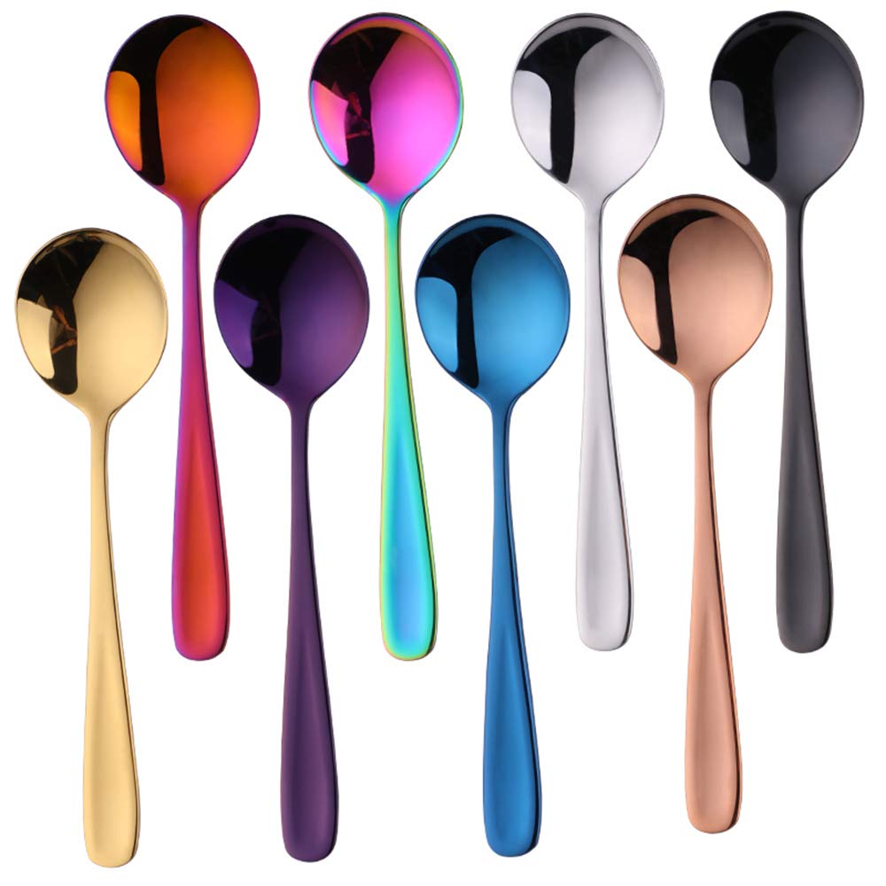 SBOMHS Soup Spoons Set of 8, Table Spoons Bouillon Spoons, 18/10 Stainless Steel (Coloured)