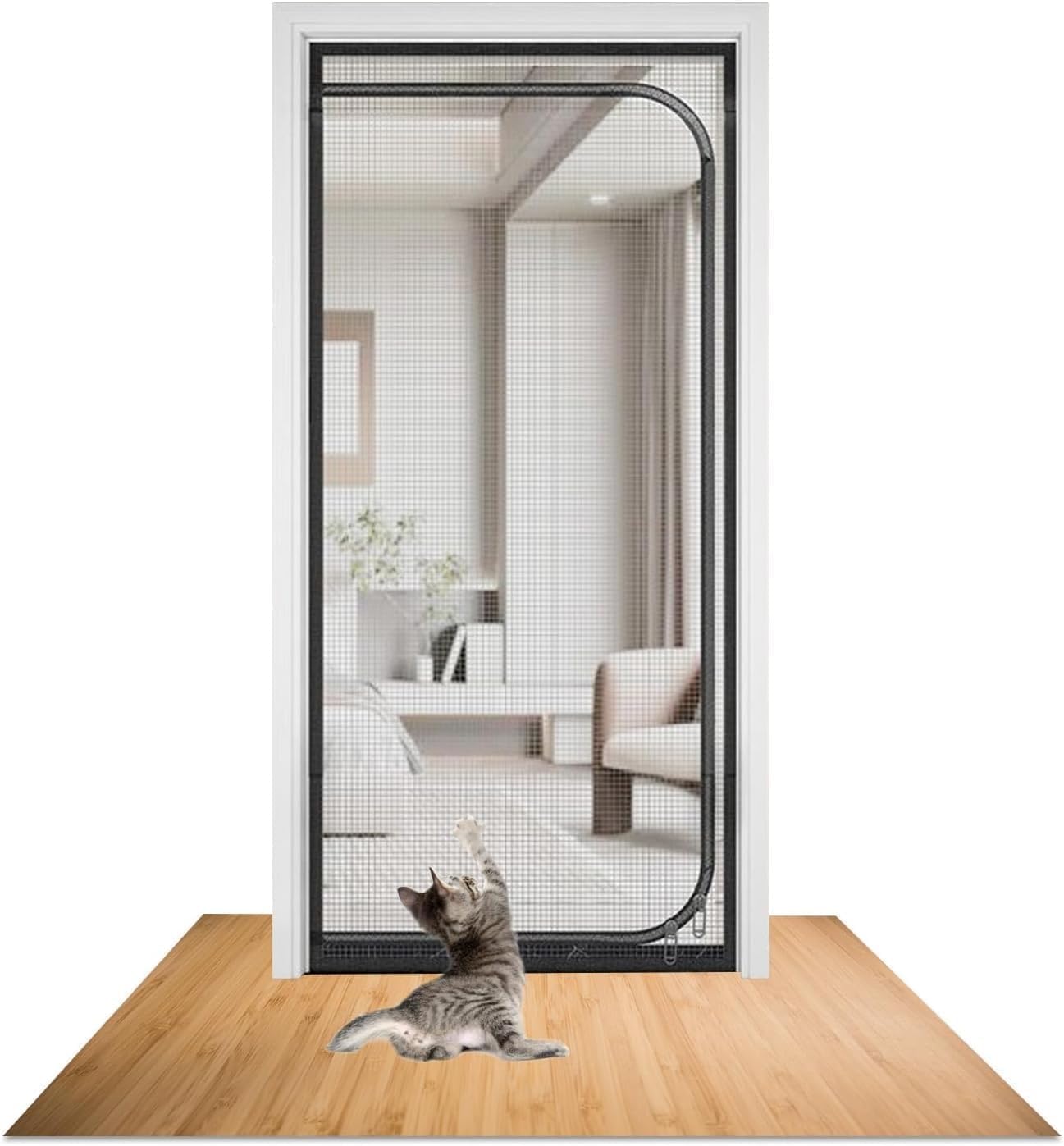 SHRRL Reinforced Cat Door screen Fits Door Size 110cm x 220cm, Heavy Duty Pets Proof Screen Door with Zipper, Prevent Dogs Cats Running out from Home, Black