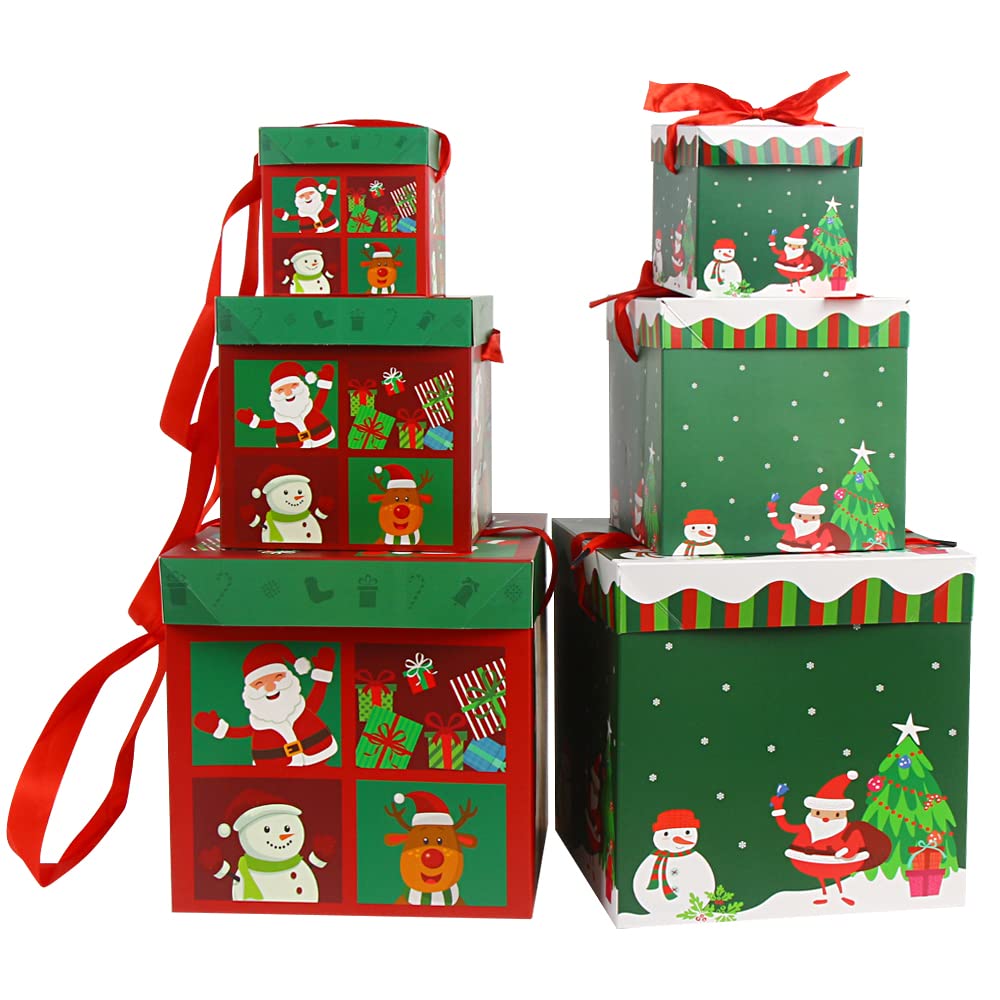 LOKIPA Nested Christmas Boxes,6 Assorted Sizes Collapsible Folded Nested Xmas Present Boxes with Ribbon for Christmas Party