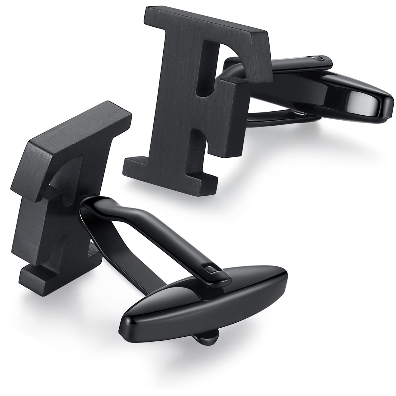 HONEY BEAR Mens Initial Alphabet Letter Cufflinks,Stainless Steel for Wedding Formal Business Gift (F-Black)