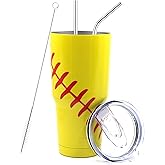 FMYWZS 30 oz Softball Tumbler, Double Wall Vacuum Insulated Stainless Steel Cup Travel Mug with Lid and Straw, Softball Accessories Stuff Gifts for Mom Men Boys Girls