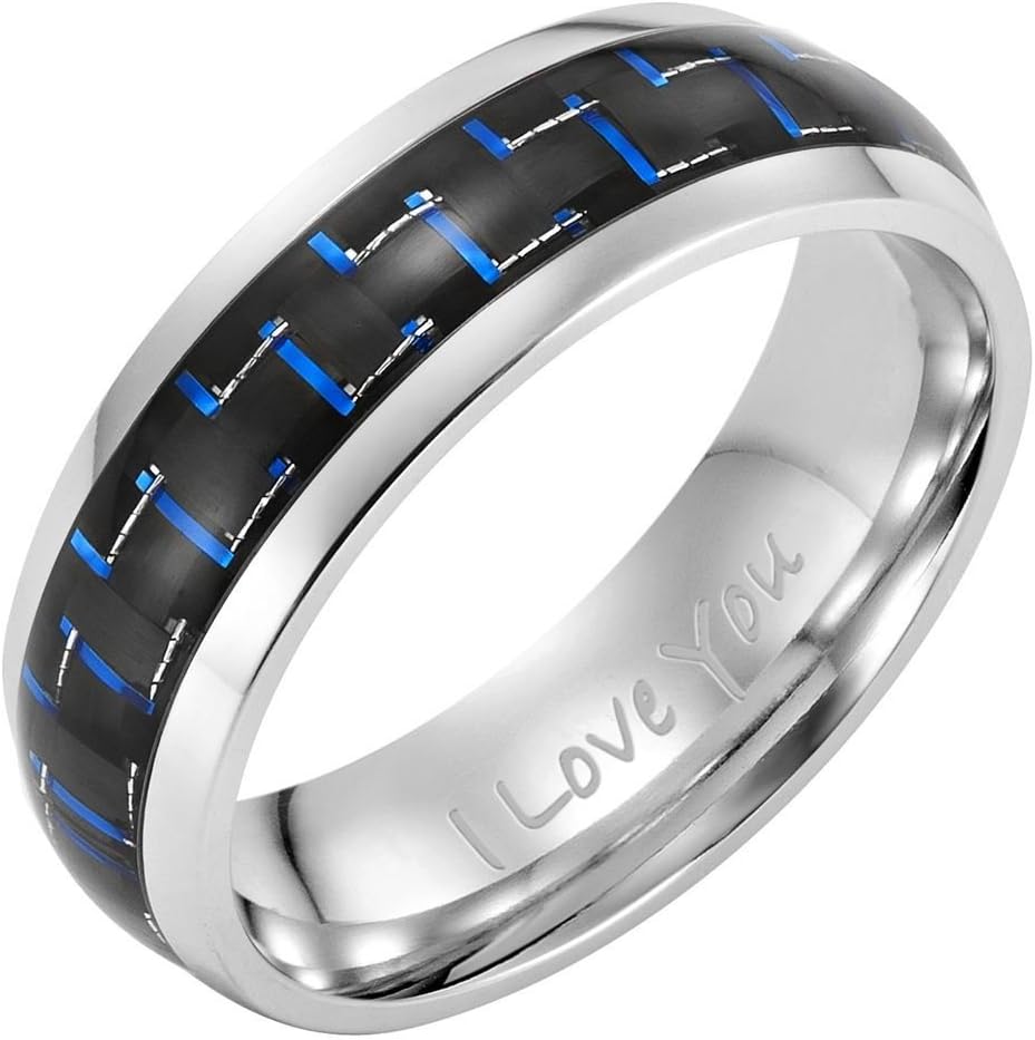 Willis Judd Two Tone 7mm High Polished Titanium Ring with Blue Carbon Fiber Engraved I Love You