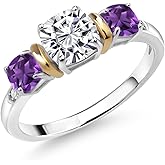 Gem Stone King 1.60 Cttw 925 Silver & 10K Yellow Gold IGI Certified Lab Grown Diamond and Amethyst 3 Stone Ring For Women | 1 Ct Center Cushion Cut Diamond | E-F Color VS1-VS2 Clarity