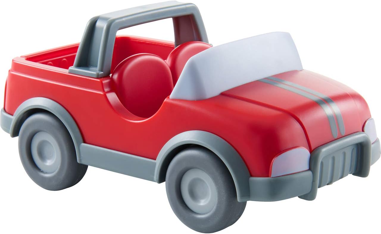 HABA Little Friends Vet Car - Red Plastic Vehicle with Momentum Motor, Trailer Hitch and Folding Tail Gate