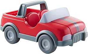 HABA Little Friends Vet Car - Red Plastic Vehicle with Momentum Motor, Trailer Hitch and Folding Tail Gate