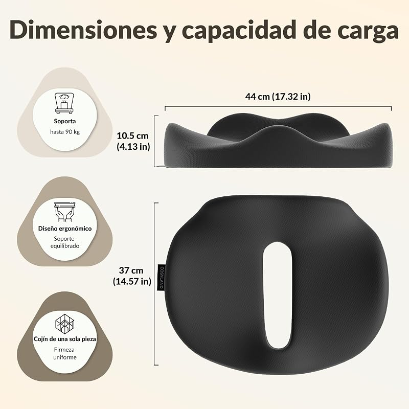 Almofada de cadeira de escritório, almofada ergonómica de espuma viscoelástica para o cóccix, almofada ideal para cadeira de computador, jogos e carro, capa lavável, preta, 44×37x10,5 cm — foto 3 de 8