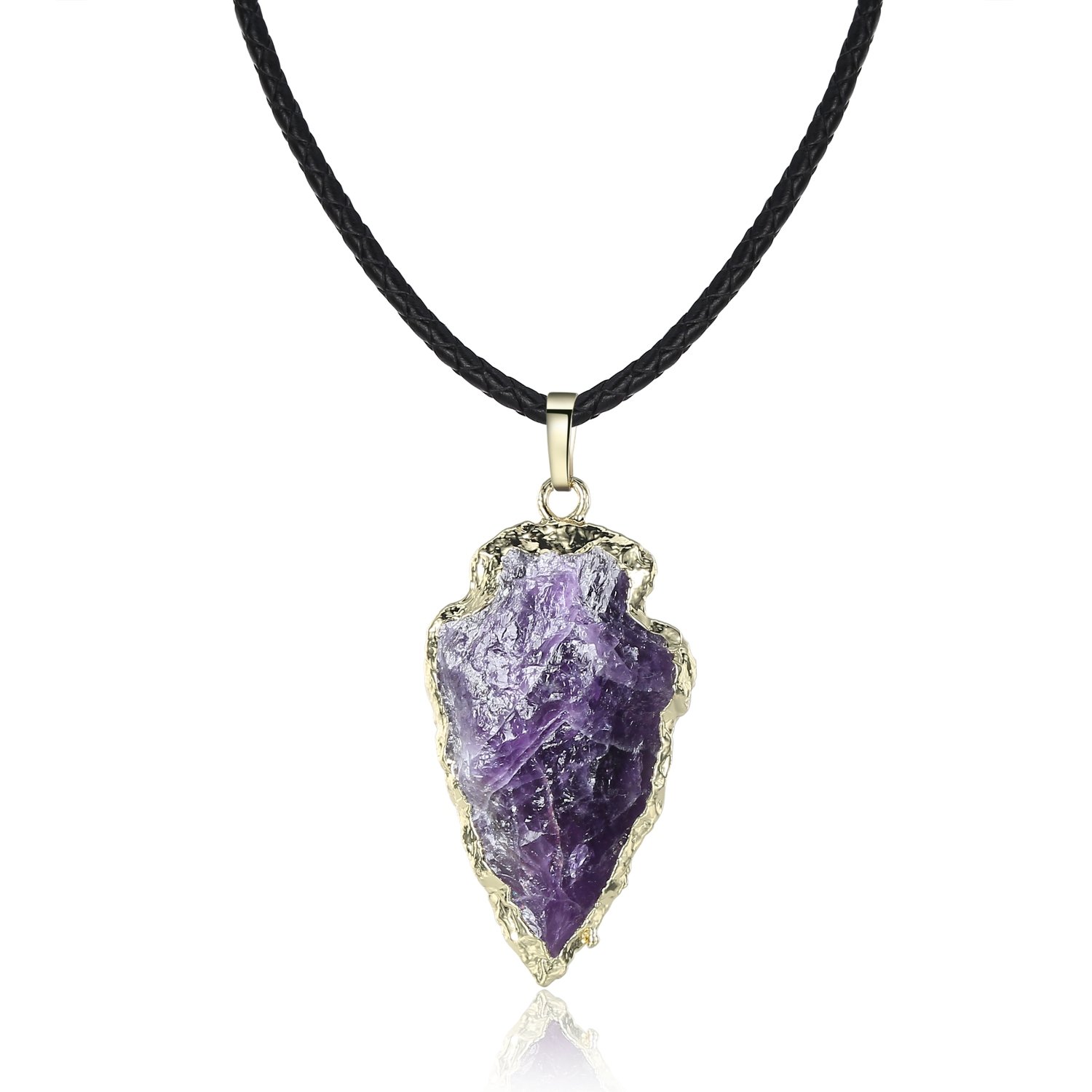 COAI Womens Leather Cord Arrowhead Healing Raw Amethyst Pendant Necklace