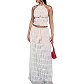 LETSVDO Skirt Sets Women 2 Piece Outfits Backless Halter Top And Pleated Ruffle Flowy Maxi Skirts Y2k Beach Vacation Set