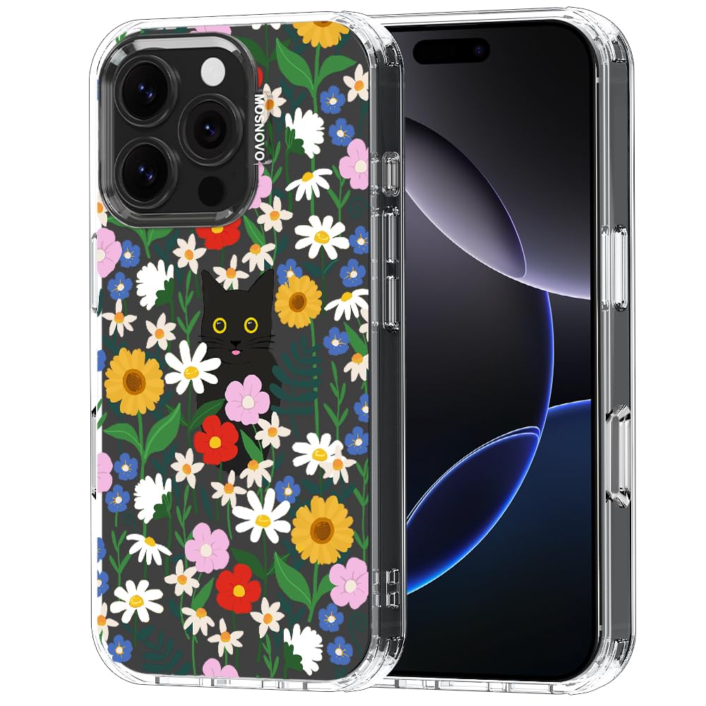 MOSNOVO Case for iPhone 16 Pro, [Buffertech 6.6ft Military-Grade Drop Protection] [Anti Peel Off Tech] Clear TPU Bumper Phone Case Cover Design - Black Cat in Garden