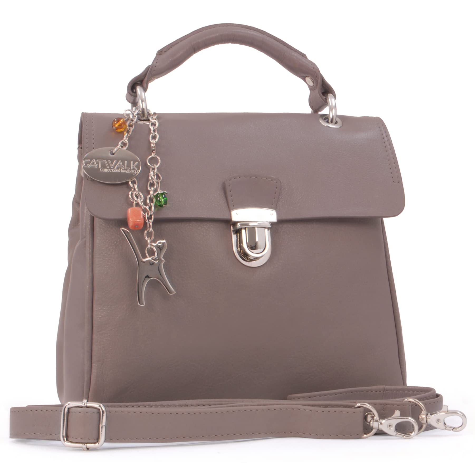 Catwalk Collection Handbags - Women's Leather Cross Body Bag - Medium Top Handle Bag - Adjustable Detachable Shoulder Strap - Pandora - Grey