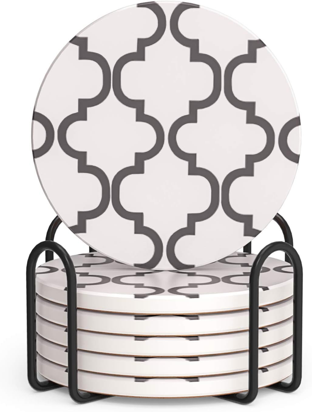 LIFVER Coasters for Drinks, Set of 6 Absorbent Coasters with Holder, Housewarming Gifts for Home Decor, 4 Inches for Kinds of Cups, Grey-line Style