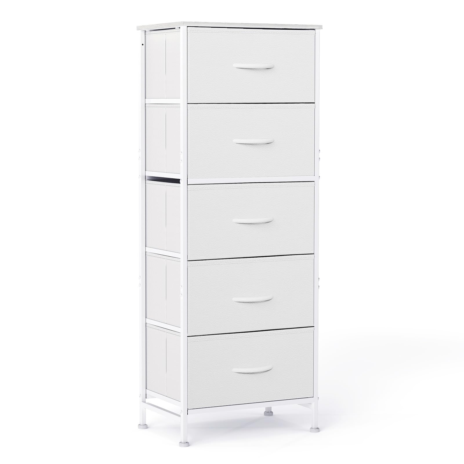 Sweetcrispy 5 Drawer Dresser with Fabric Bins, Sturdy Steel Frame and Wood Top, Storage Organizer Chest for Bedroom, Closet, Hallway, White Image