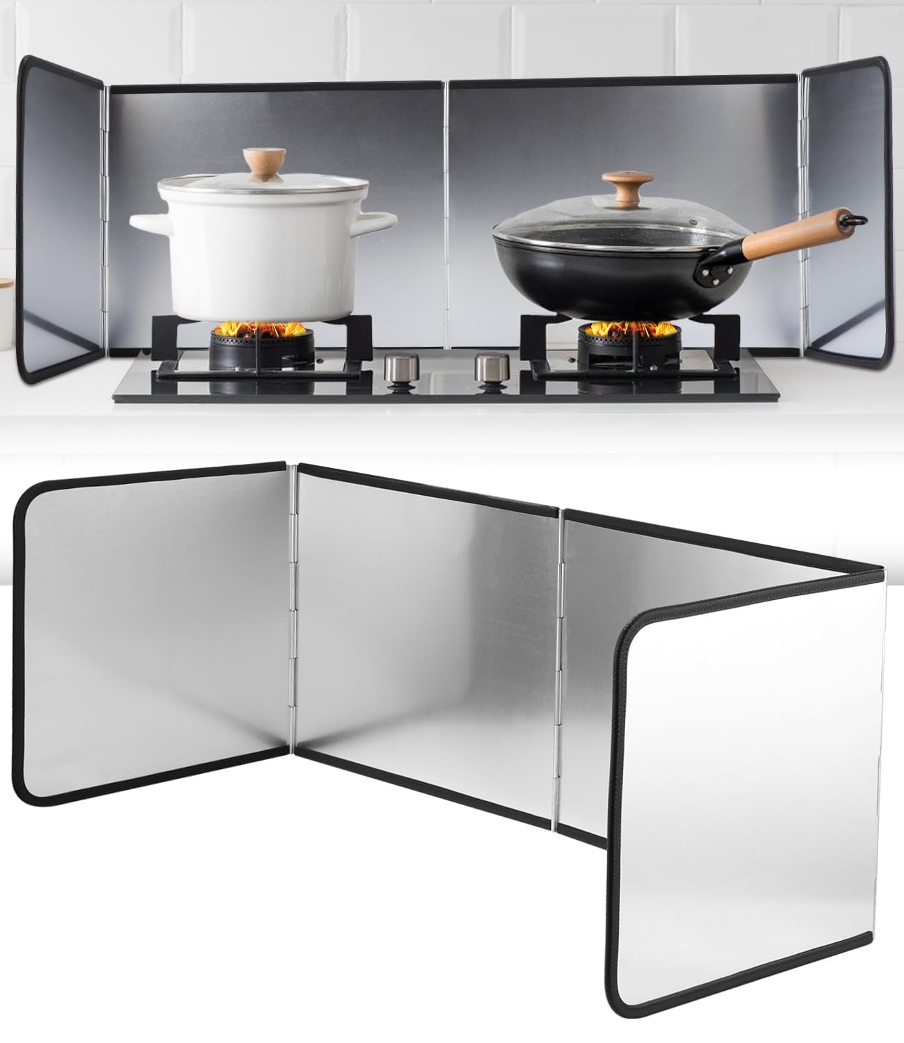 Photo 1 of 4 Sided Splatter Guard Foldable Stainless Steel Stove Splash Guard 11.8? Height Oil Splatter Screens for Frying Kitchen Backsplash Protector Nonstick Oil Splatter Guard for Cooking