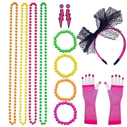 80s Costume Accessories for Women Lace Headband, Fishnet Gloves, Lightning Type Neon Earrings, Bracelet, and Beads