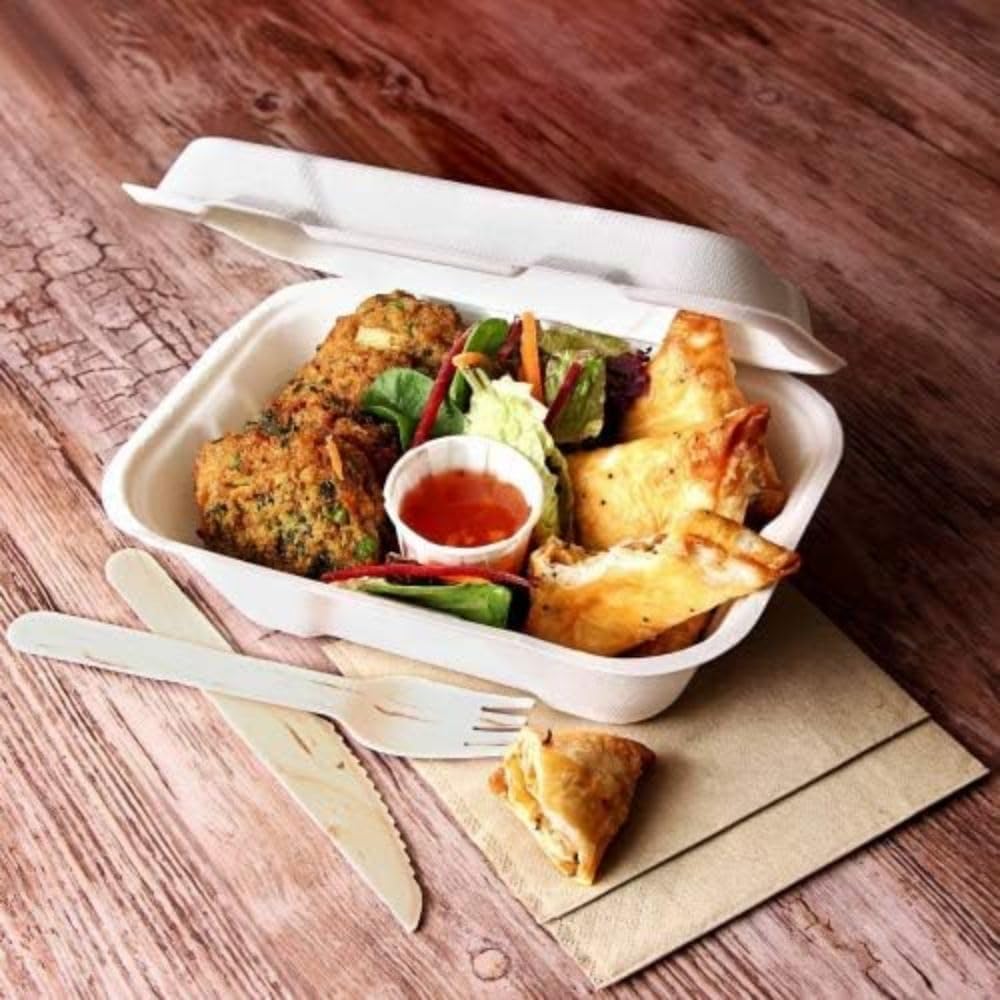 encase Biodegradable Sugarcane Clamshell Takeaway Box 7 x 5 Inch - Pack of 50 - Eco-friendly Packaging