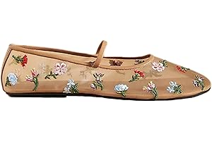 VORISVINA Nude Mesh Ballet Flats for Women Embroidered Floral Round Toe Mary Jane Flats Casual Comfortable Ballerina Flats with Strap