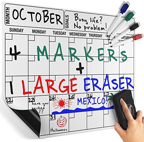 Magnetic Dry Erase Calendar Board, Monthly Refrigerator Calendar, 4 Colored Magnetic Markers 1 Eraser With Magnet For A Complete Set